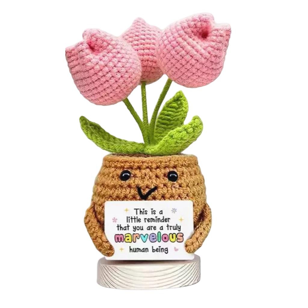 Handmade Knitted Tulip Flower Pot with Positive Message Card Crochet Decorative Plant Gift for Home Office Desk Display