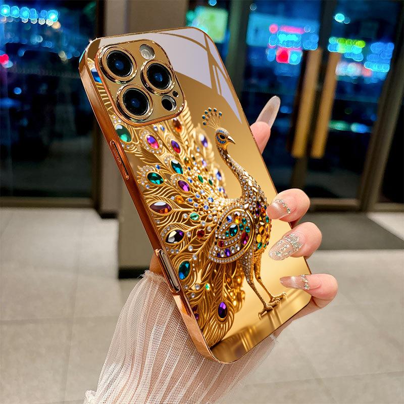 Jeweled Peacock Electroplated Golden Phone Case For iPhone 17Air 17 16 15 14 13 12 11 Pro Max Plus 16E XR 7 8 Xs X Glass Cover