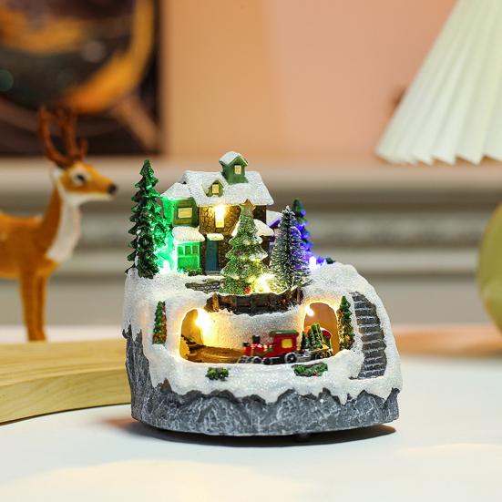 Christmas Igloo Ornaments Church Figurines with Rotating Train LED Lights Music Box Figurines Decorative Holiday Decor Festive Gift