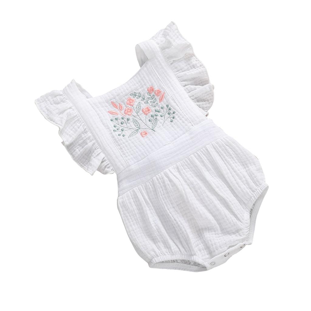 Baby Cute Romper Embroidered Sleeveless Ruffle Decorated Snap Button Closure Breathable Jumpsuit