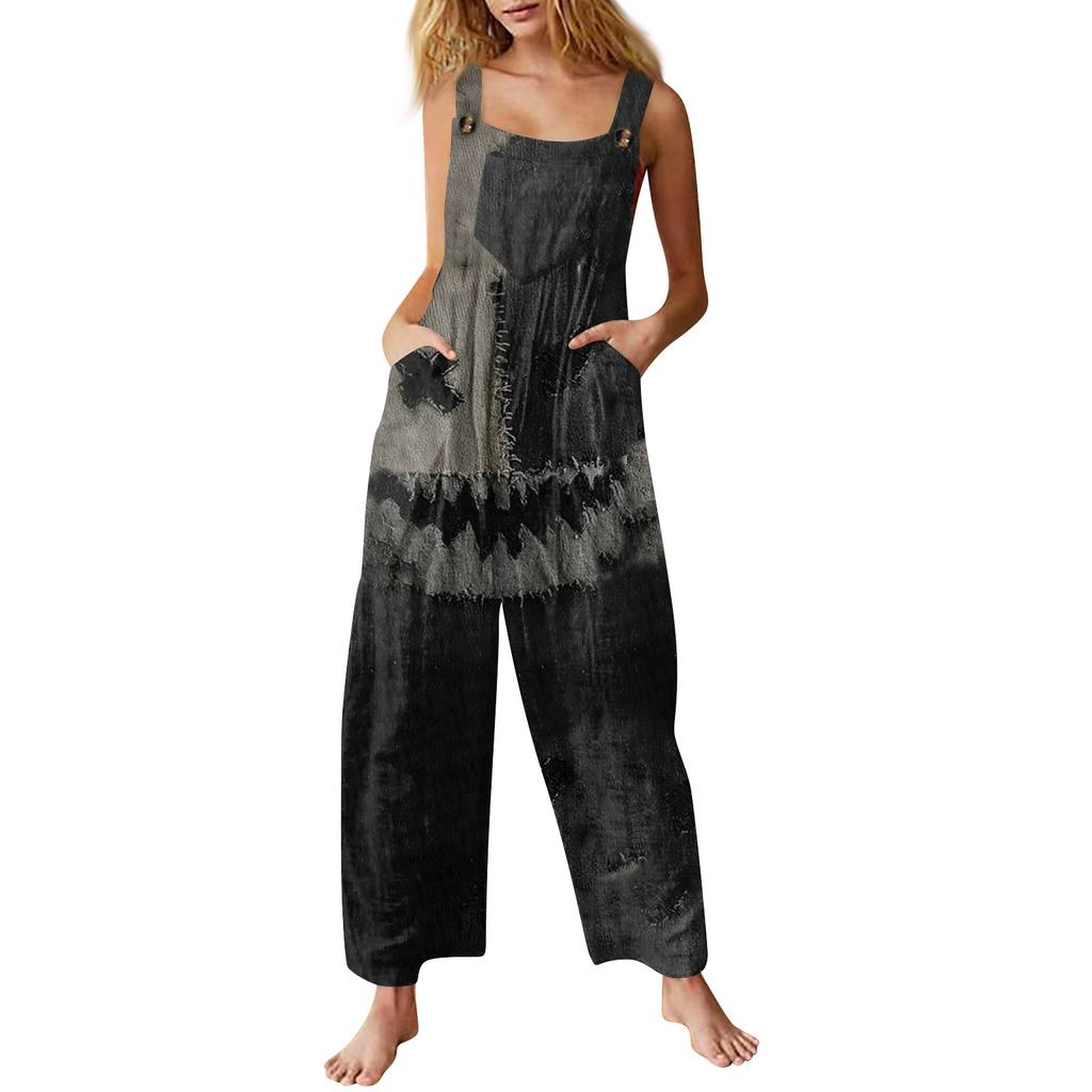 Women's Fashion Halloween Print Casual Vintage Sleeveless Button Jumpsuit