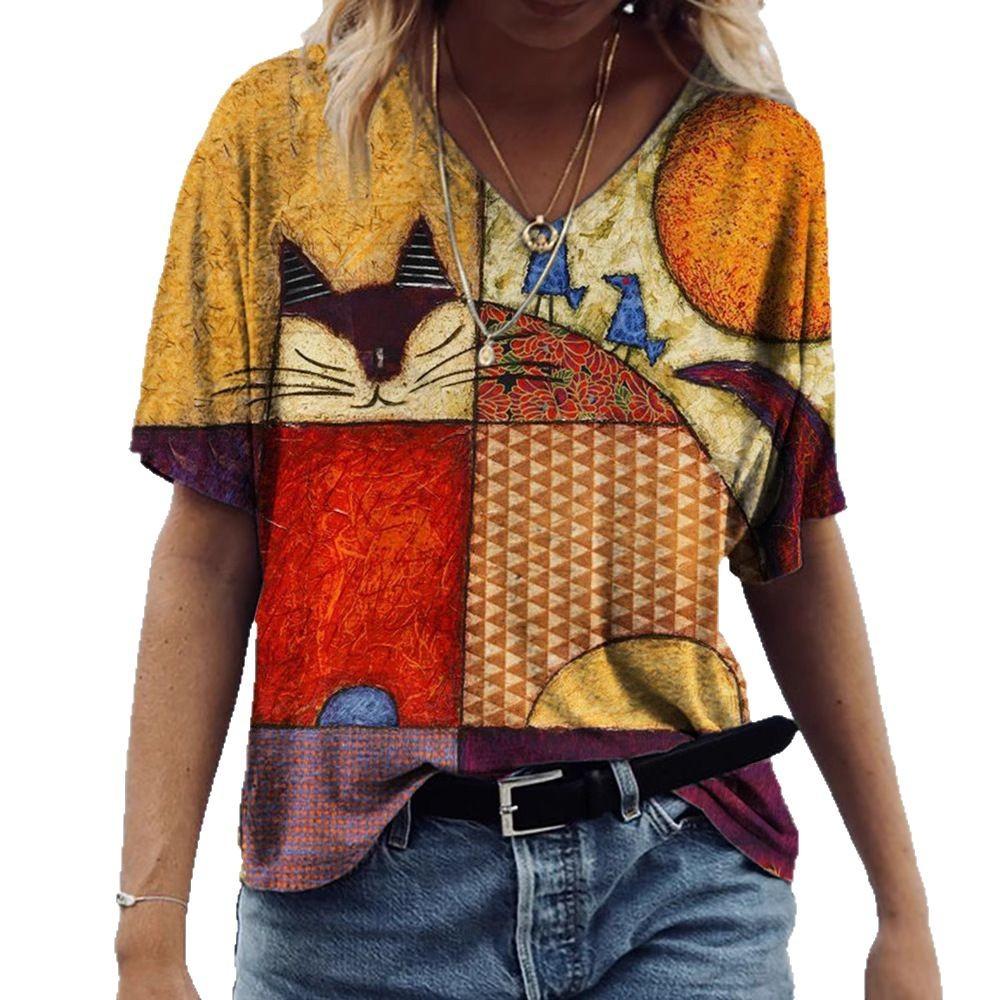Summer V-neck 3D Cat Flower Colorful Printed Top Fashionable Casual Short Sleeved Women's T-shirts