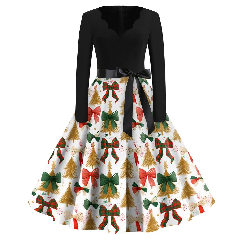 Women's Casual Christmas Print V-Neck Vintage Dress for Holiday Parties and Everyday Wear