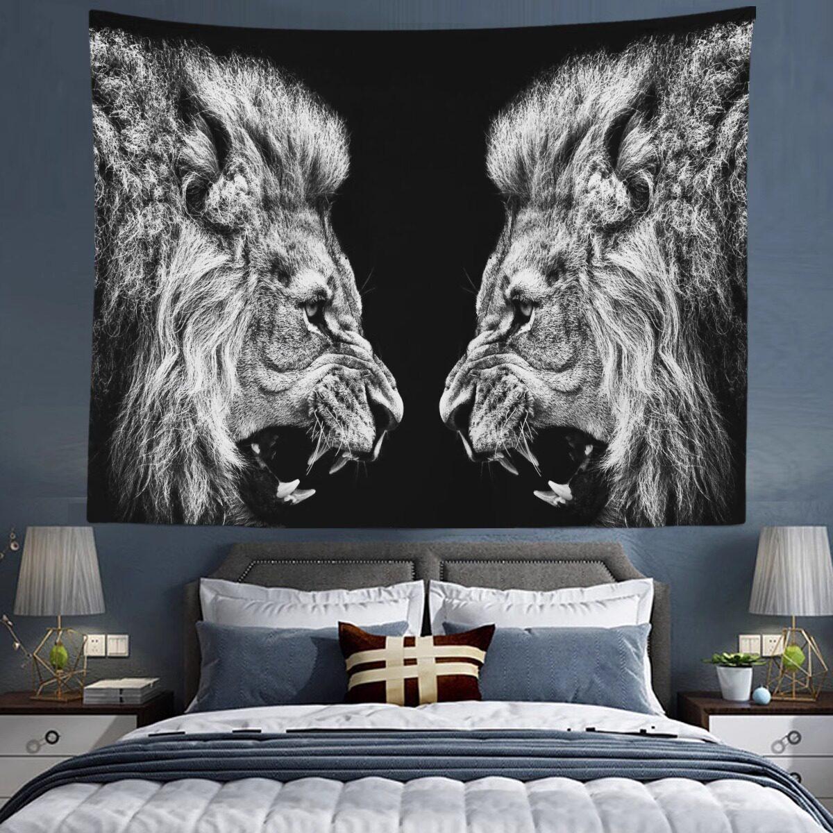 Black And White Double Lion Domineering Beast Tapestry, Dark Industrial Style Living Room And Bedroom Background Fabric 100X70CM