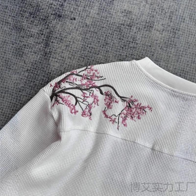 Europäische Blüte Pflaume Stickerei Herren Locker Lässig Langarm Weißes T-Shirt