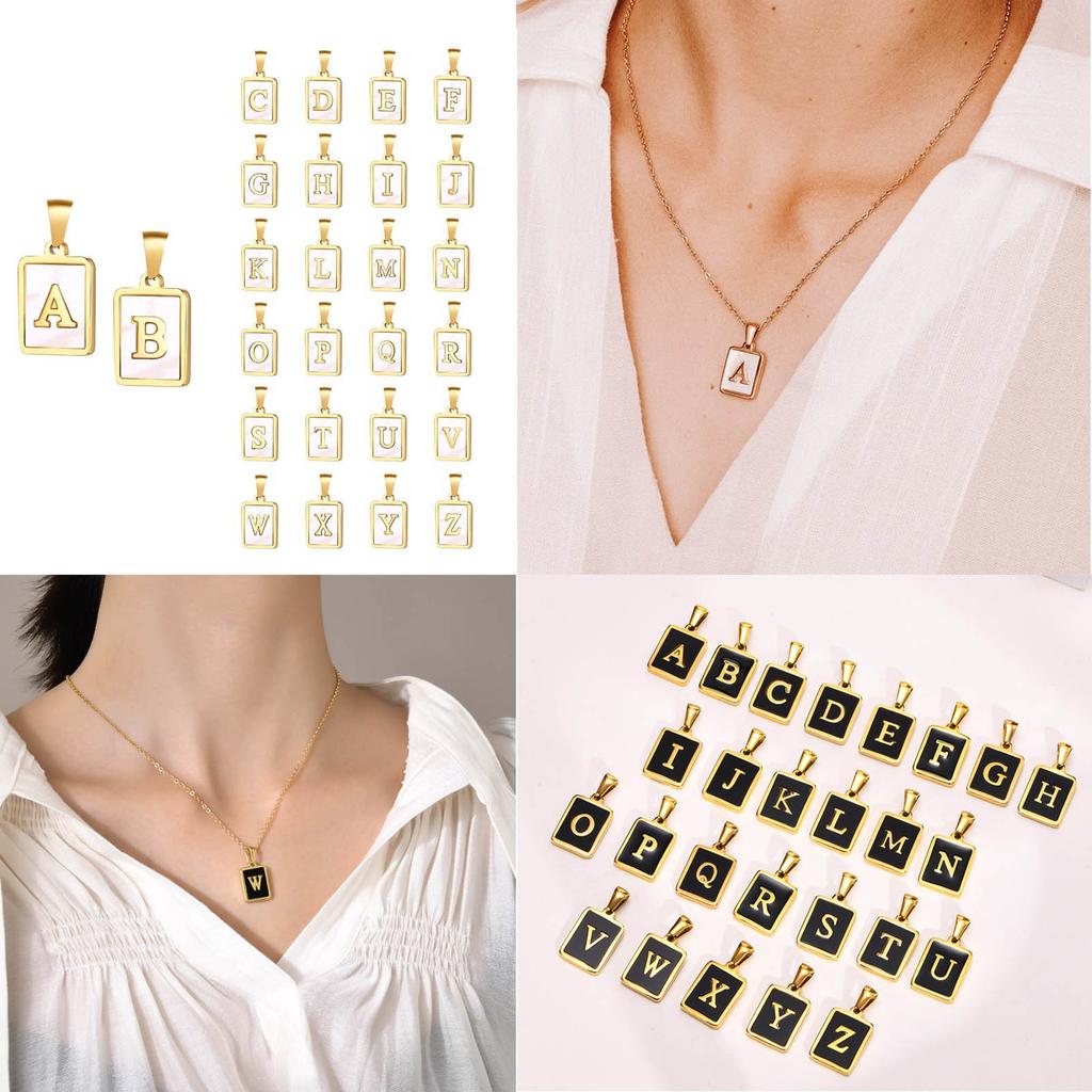 Square Initial Letter Necklace Pendant, Stainless Steel Charm Black Enamle Simple Name Jewelry For Women