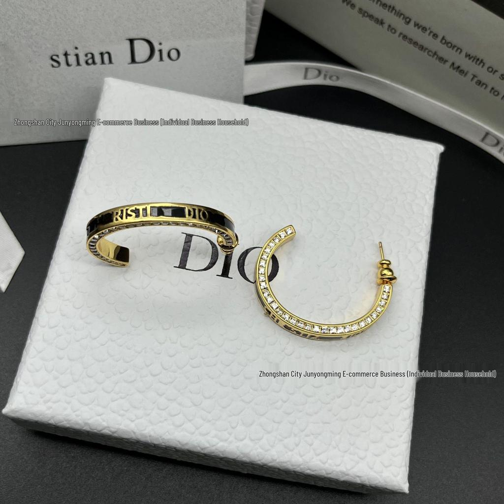 Black & White Enamel Letter-Inlaid Diamond Half-Hoop Earrings for Women