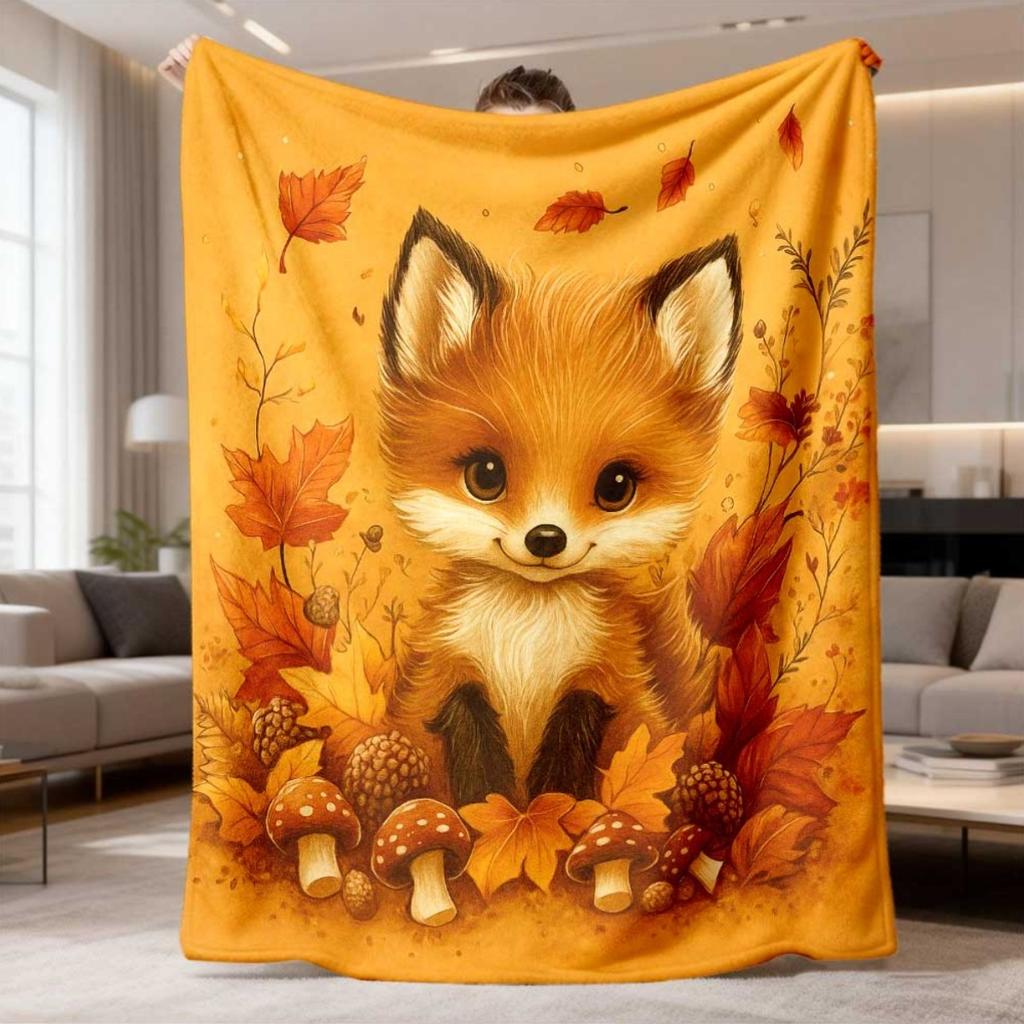 2026 New Flannel Blanket Featuring a Cozy Autumn Design with Foxes And Mushrooms, Soft And Warm, Ideal for Use on Sofas, Beds, Offices, Or While Campi