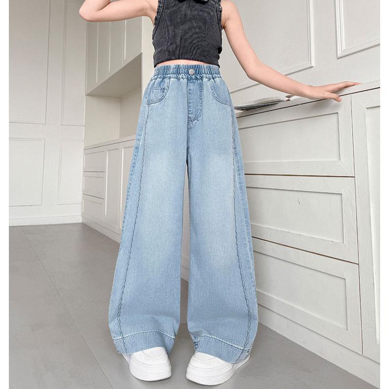 

Летние тонкие джинсы Tencel для девочек, брюки для девочек, джинсы, прямые широкие брюки для девочек 170