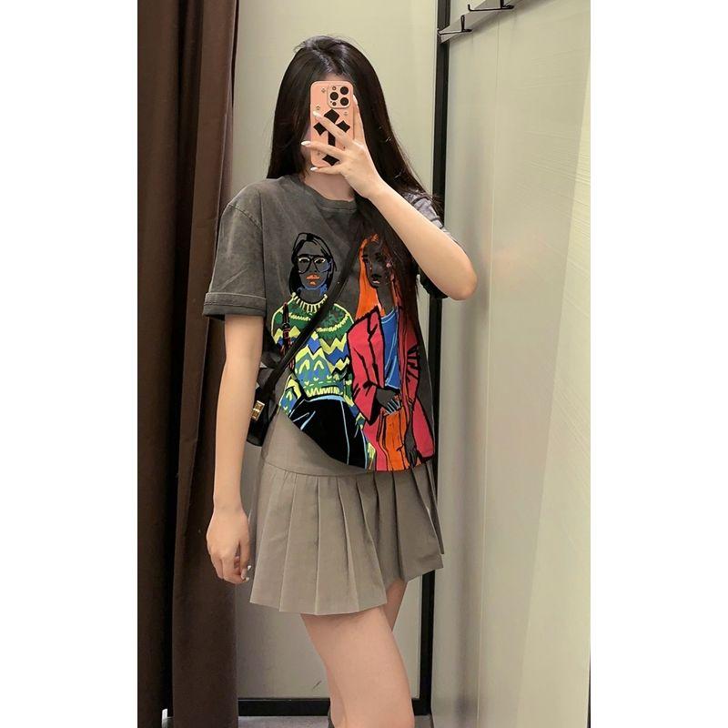

Wmxz Homemade Spring New Arrival Easiest for Match round Neck Bottoming Shirt Loose Short Sleeve Tops Girl Print T-shirt 1131329 Grey(In Stock can be sent) S
