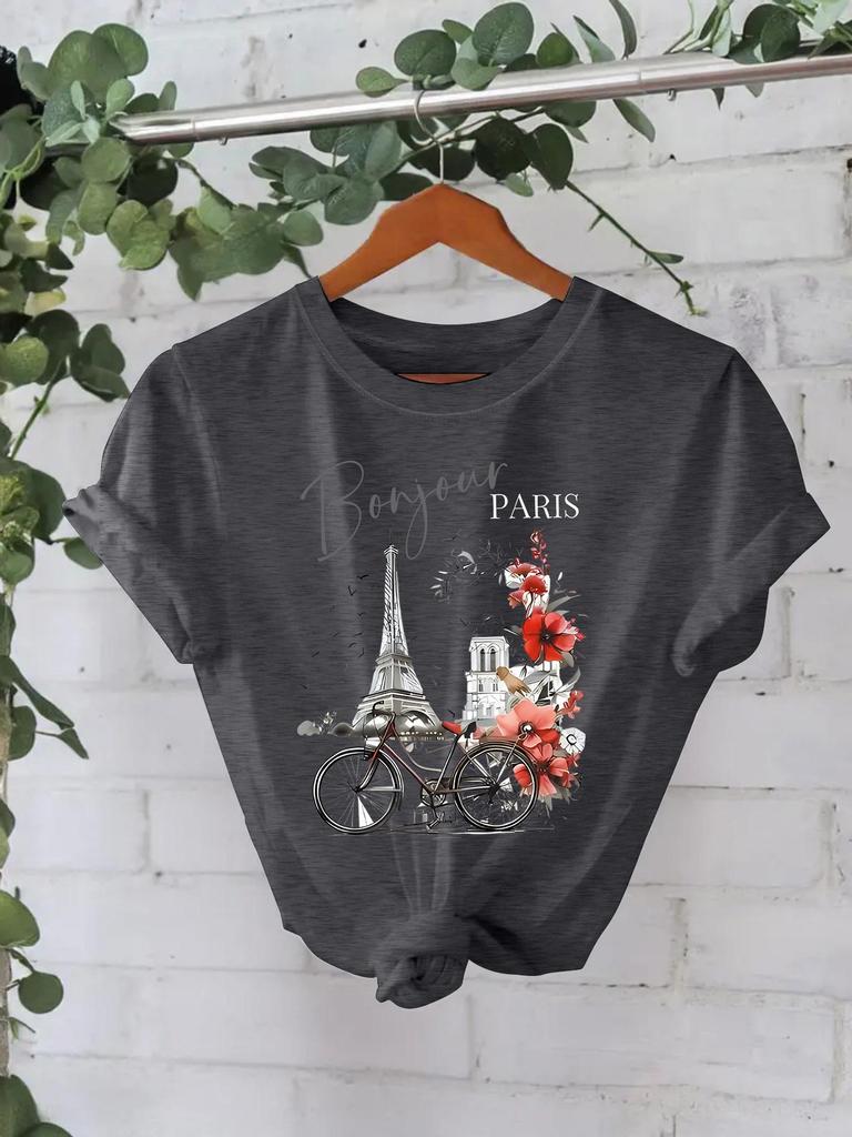 Paris Landmark Print Women's Summer Short-Sleeve T-Shirt