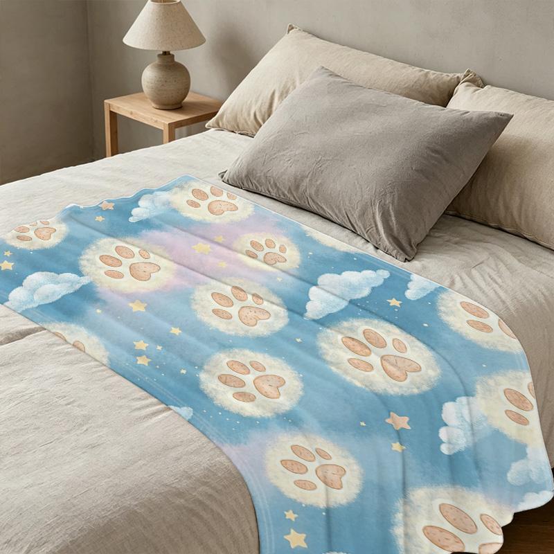 Cartoon Paw Print Ultra-Soft Flannel Fleece Blanket - High-Density Plush Cozy Throw for Home, Christmas & Halloween Decor