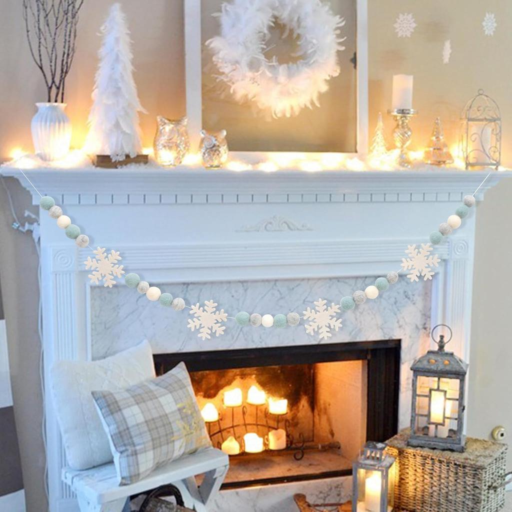 Snowflake Felt Ball Garland - Winter Birthday Home Decorations,Frozen Snowflake Garland Photo Props,Winter Wonderland Felt Ball Banner,Felt Snowflake