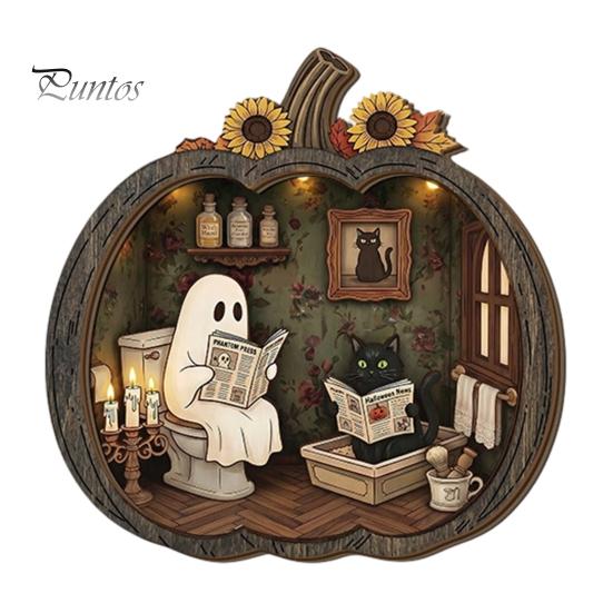 Fall Harvest Home Decoration Halloween Ghost Wooden Tabletop Ornament, 2D Flat Cute Reading Bathing Thanksgiving Table Centerpiece Watering