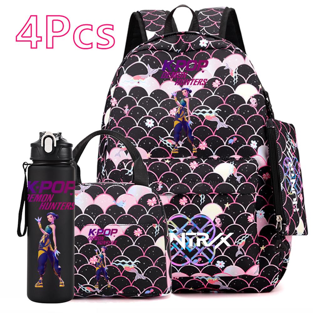 4Pcs/set Anime Cartoon Printed Backpack with Handbag Pencil Case 750Ml Water Bottler for Teenager Boy Girl Large Capacity Bookbag Schoolbag Mochila
