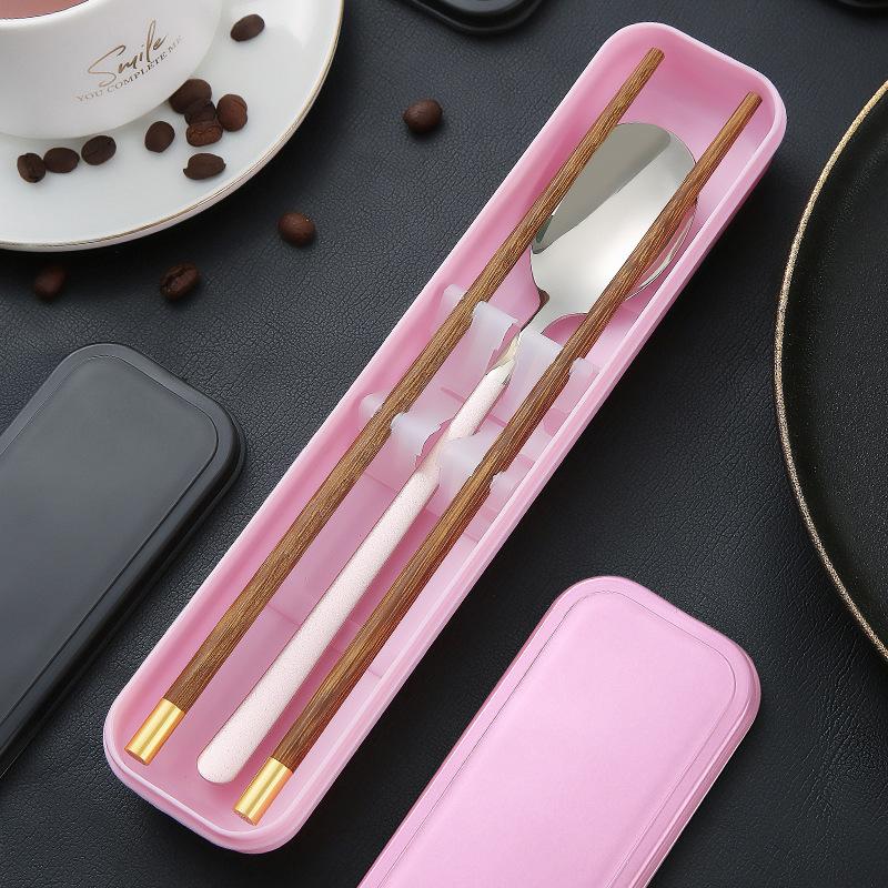 Chopsticks spoon set, one chopstick per person, portable tableware, student storage box, fork, single wooden chopsticks three-piece set