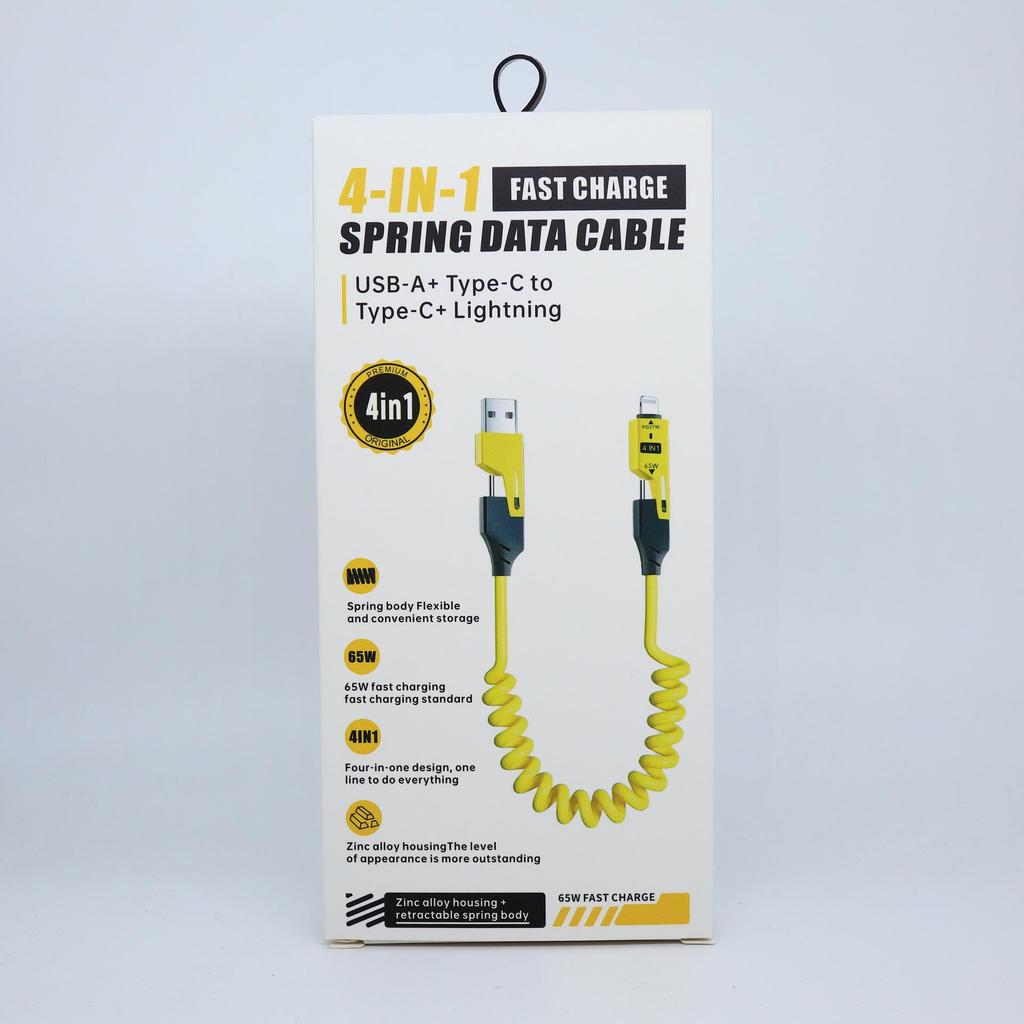65W Retractable 4-in-1 Spring Data Cable for Apple, Huawei, Type-C Fast Charging