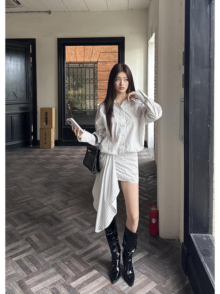 2026 Spring/Summer Women's Striped Shirt Dress - Casual, Fashionable, Bodycon Design