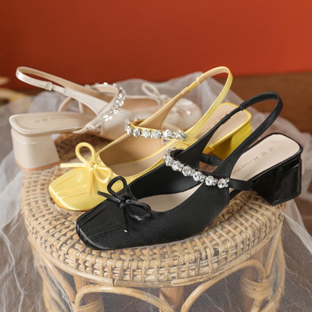 Fashion Mary Jane Shoes High Heels Women's High End Summer Thick Heels Single Shoes Square Head Bow Women's Shoes Rear Empty Sandals