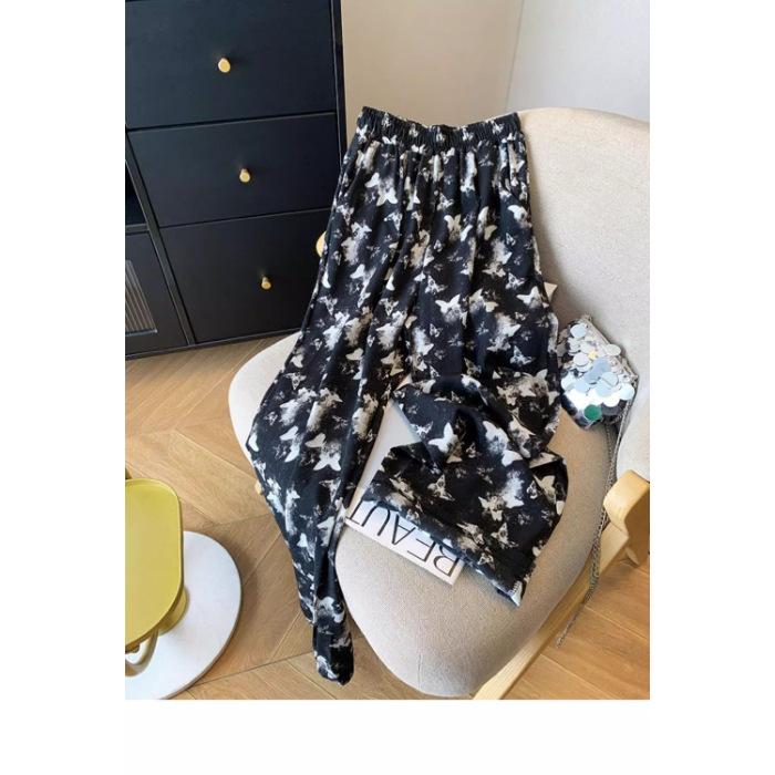 

Large size women s clothing 55.5kg tie-dye butterfly wide-leg pants women s summer thin loose high-waisted straight casual pants fat mm 3XL чорний