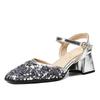 Square Toe Summer Party Shoes Women Sequin Closed Toe Thick Heels Women Sandals Glitter Dress Shoes for Woman Sandalias WSH5324