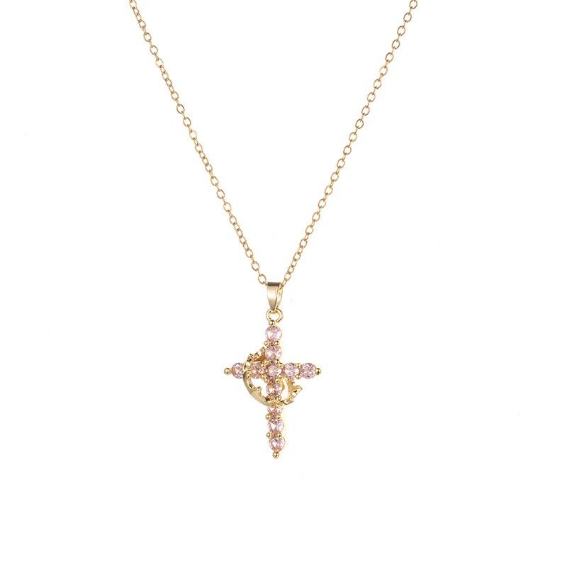Exquisite Pink Rhinestone Cross Choker Necklace for Women Men Rotatable Crown Rhinestone Cross Necklace Jewelry Prayer Gift