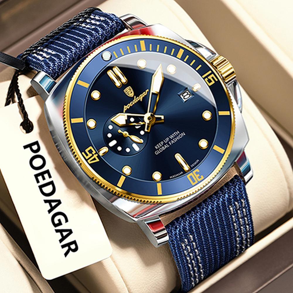 POEDAGAR Quartz Movement Luminous Hands Watch Mens Casual Nylon Strap Date Male Wristwatches Waterproof Clcok