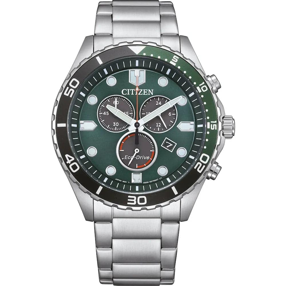 Citizen Solar Chronograph Watch with Stainless Steel Link Men's Eco-Drive Strap, Silver/Green (AT2561-81X)