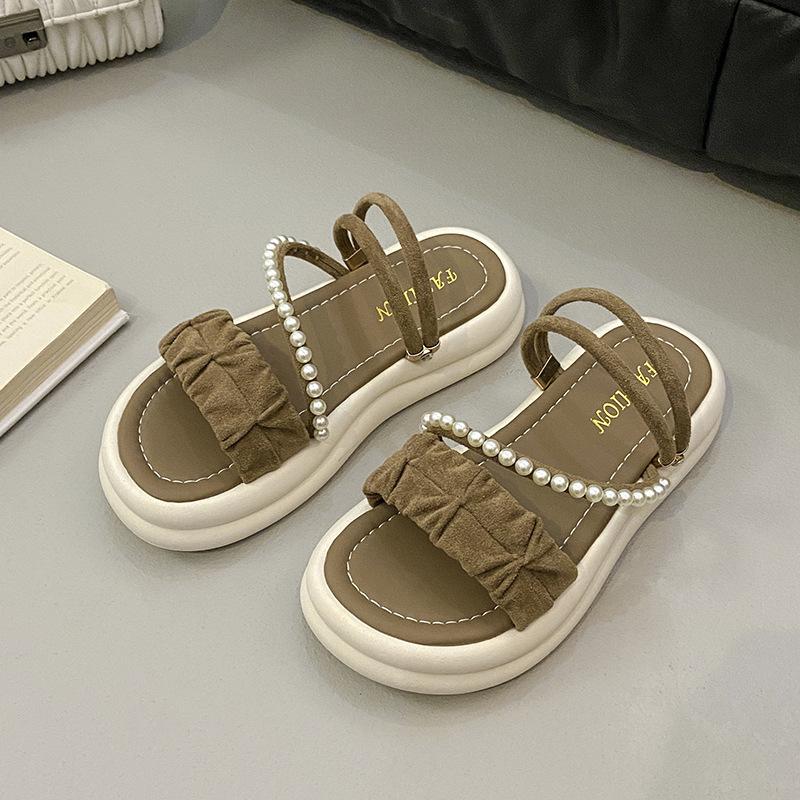 

French pearl fashion cool slippers women s 2025 summer new wear comfortable dual-purpose beach with skirt one-word drag 40 коричневый