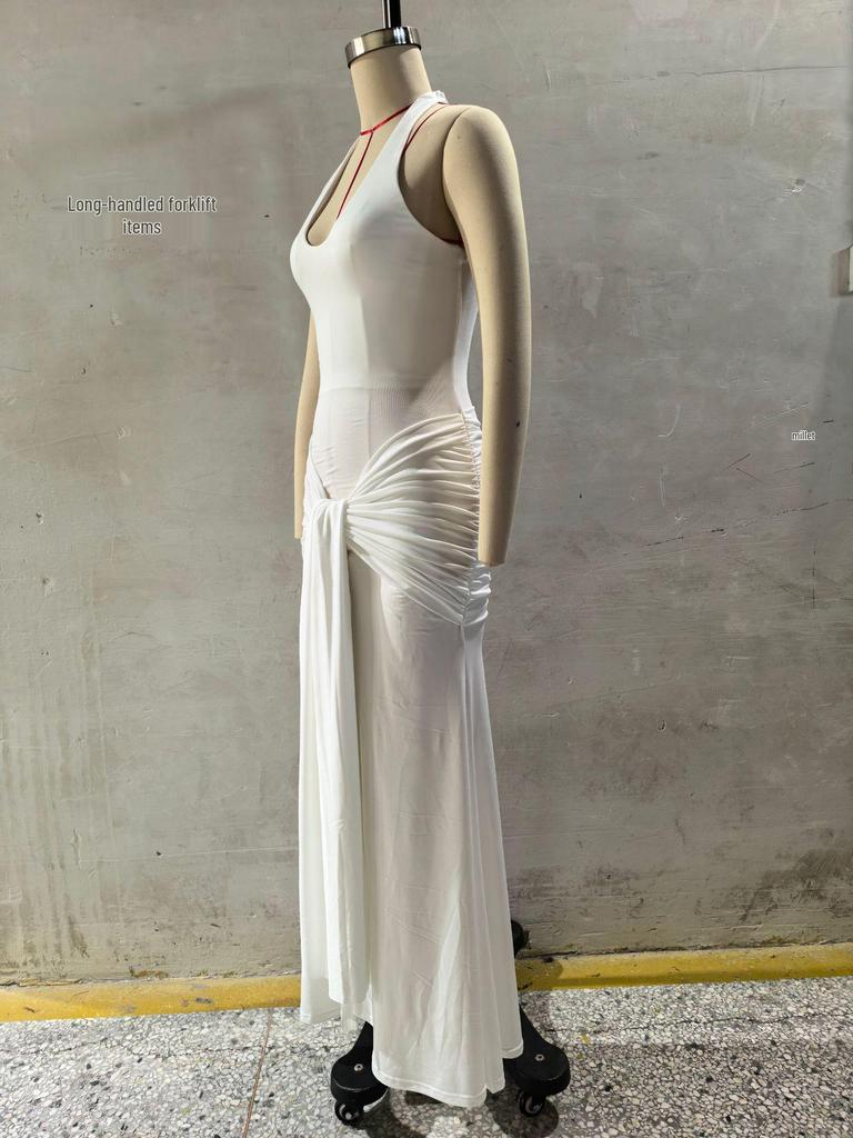 2025 Women's European & American Style Spliced Strappy Long Slim Fit Halterneck Formal Dress