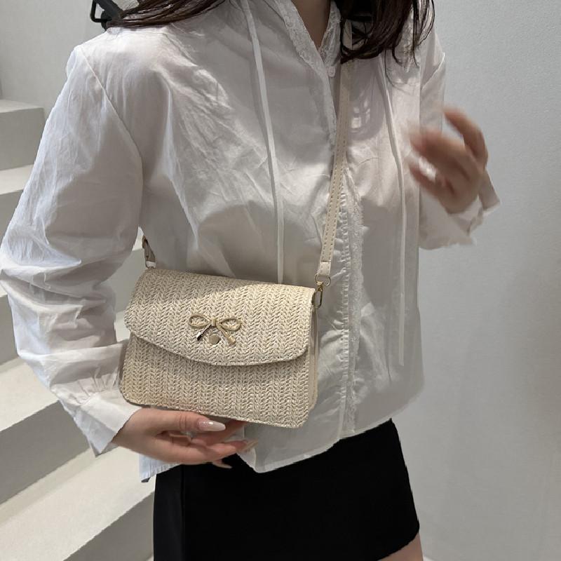 Simple Gold Bow Decoration Woven Texture Women Casual Shoulder Bag For Daily Use