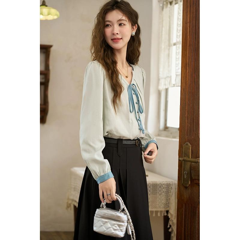 

Женская блузка Mishow, новинка 2024 года, нежный элегантный свободный однотонный пуловер с длинными рукавами во французском стиле, топы MXD11X1340 L синий