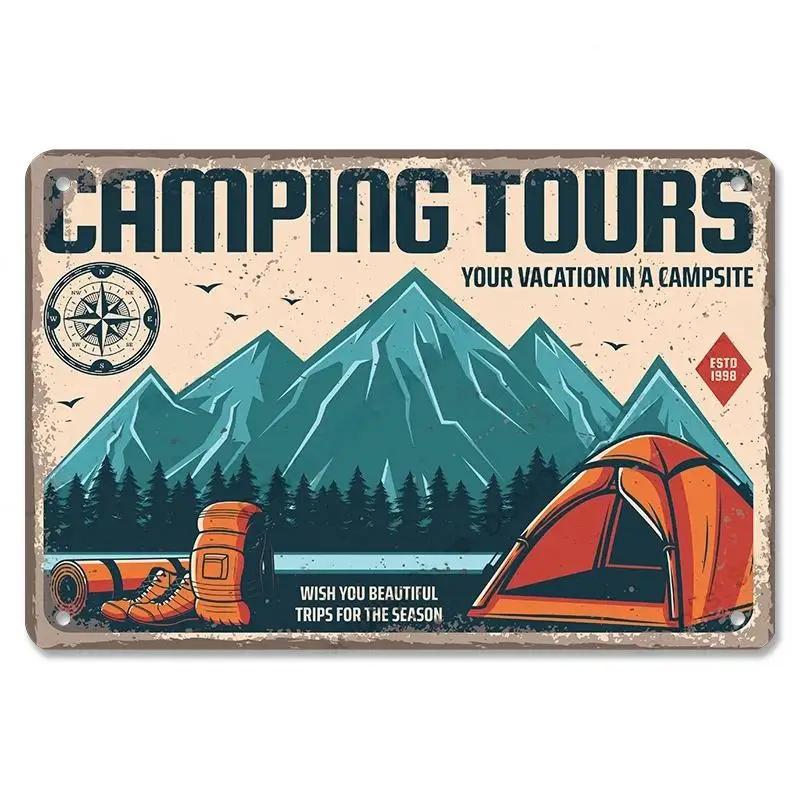 Camping  Adventure Plaques VintageMetal Tin Signs Plate Mountain Trip Campervan Tours Room Gym Sign Posters Wall Decor Travel