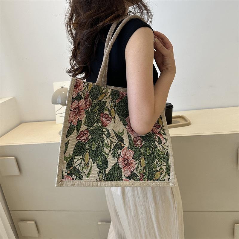 Simple and Fashionable Linen Flower Printing Handbag Women Fashion Commuter Shoulder Bags Tote Bag