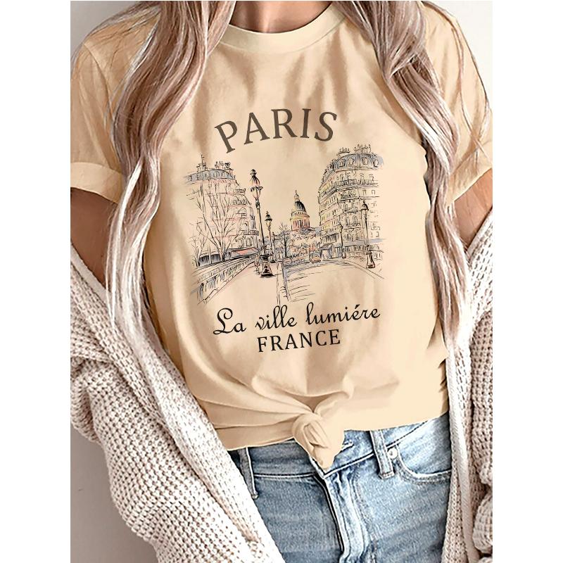 Casual Short Sleeve Printed T Shirt Clothing Women's T-Shirt Graphic Clothing Top Tee Fashion Bonjour Paris Text Print T Shirt