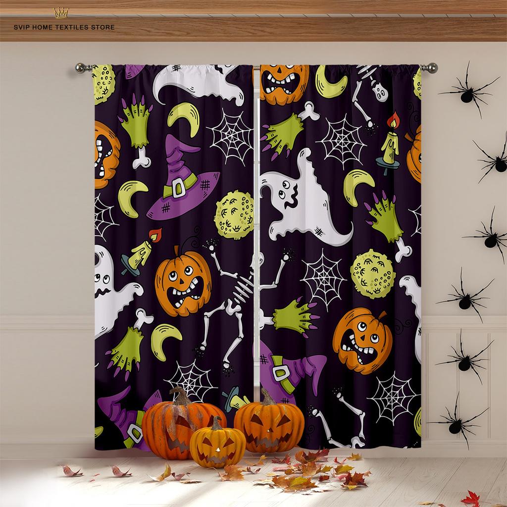 Halloween Horror Pumpkin Cartoon Print Curtains, Blackout, Heat Insulation, Restaurant, Bedroom, Party Decoration