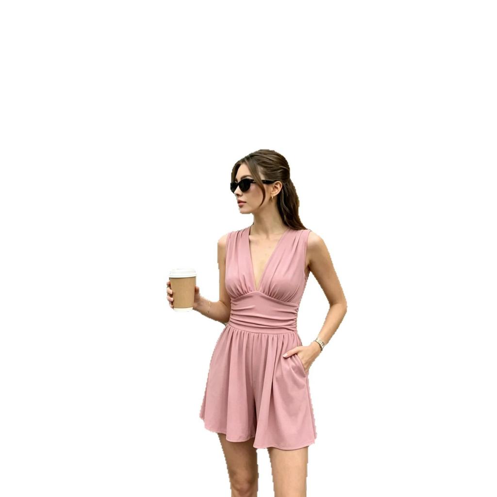 European & American Style Deep V-Neck Sleeveless Jumpsuit, Women's Summer Waist-Cinching Wide-Leg Shorts