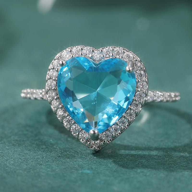 Luxury Micro Pvae White Blue CZ Heart Women's Ring Trendy CopperColor Daily Wear Party Jewelry Anniversary Gift