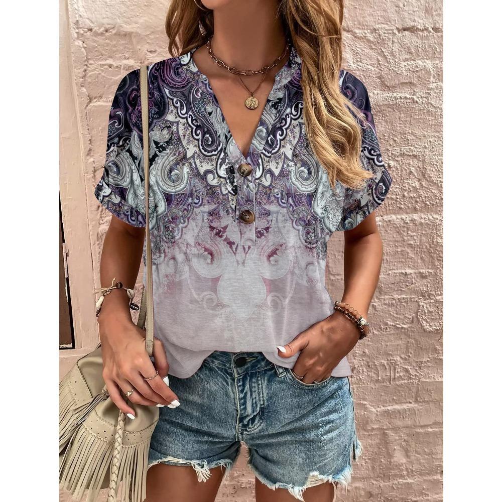 Maglietta da donna, maglietta estiva con scollo a V per donna, moda quotidiana, manica corta, casual, stampa 3D, abbigliamento femminile