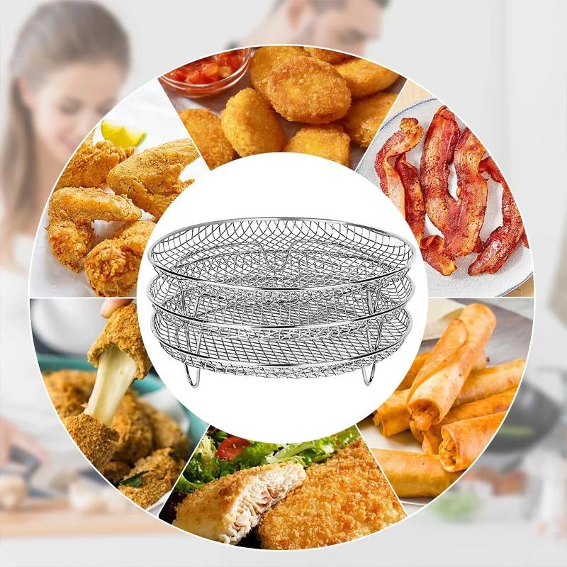 Three stackable air fryer racks made of 304 stainless steel, non stick frying pan and barbecue grill rack, kitchen cooking tools