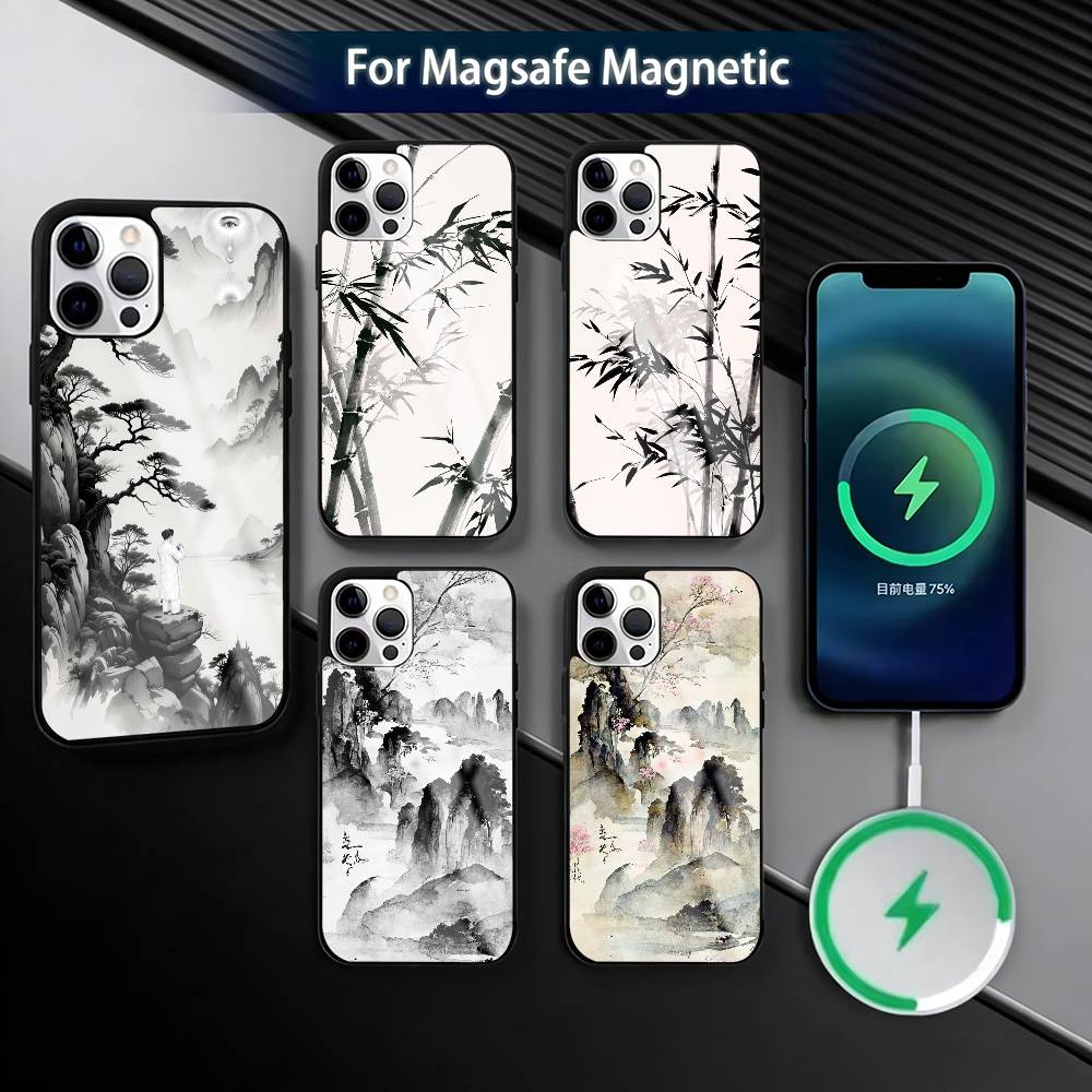 Chinese l-landscape Phone Case For iPhone17,16,15,14,13,12,11 Plus,Pro Magnetic For Magsafe Wireless Charging