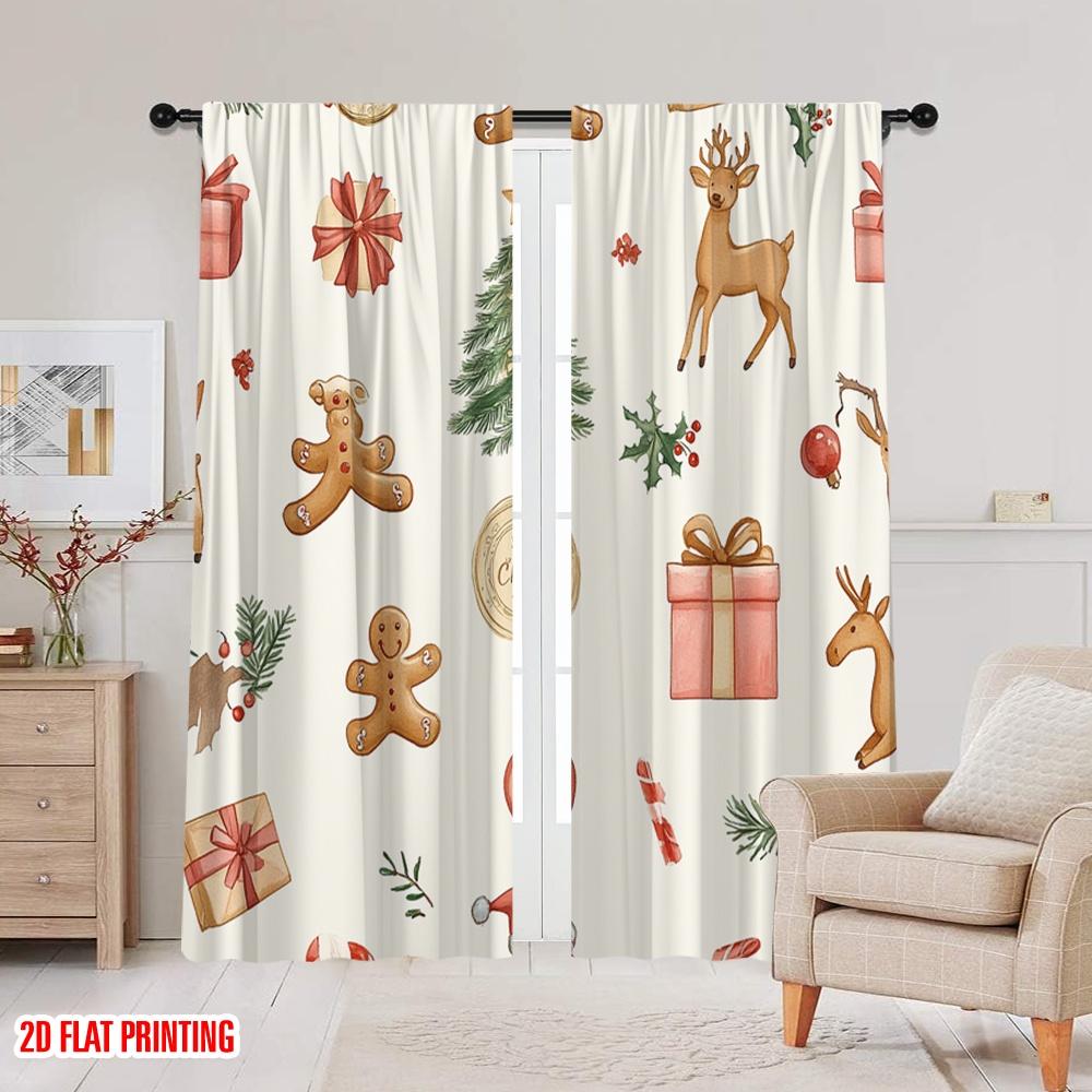 2pcs,2D Plane Printing Popular Curtain Panels Christmas Bells Bows Delivery (3) Durable Polyester (without Rod) Room Decor Use