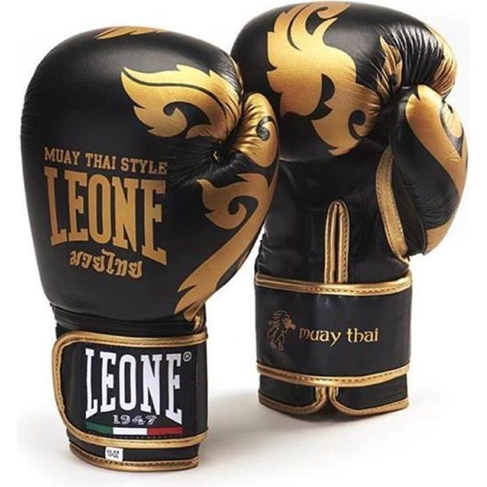 Gants de boxe Muay Thaï - LEONE - Noir - Cuir de buffle - Doublure polyester satin - Fermeture rapide