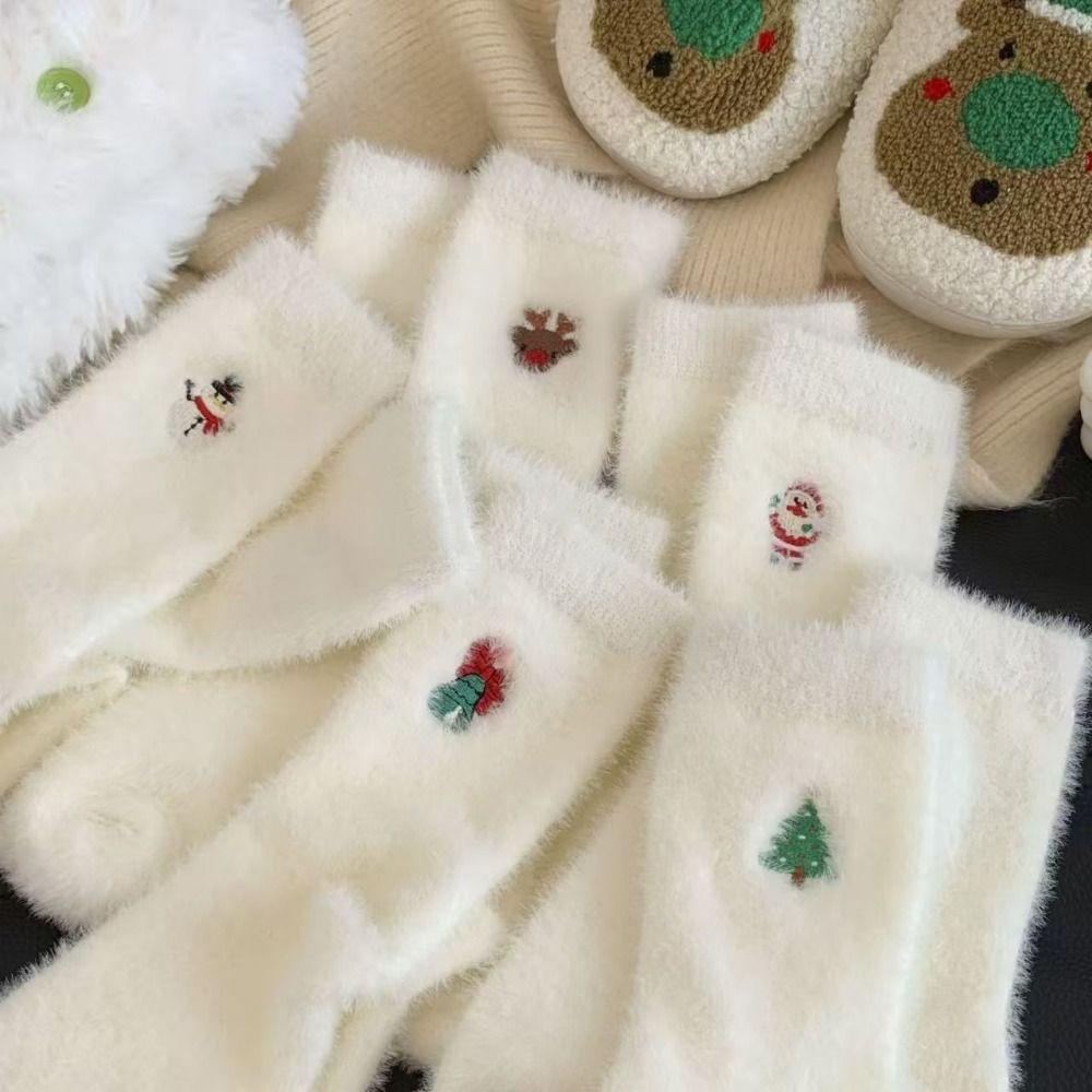 Mink Velvet Christmas Pattern Socks Winter Warm Sweat Absorption Fleece Warm Socks Soft White Xmas Tree Snowman Elk Socks