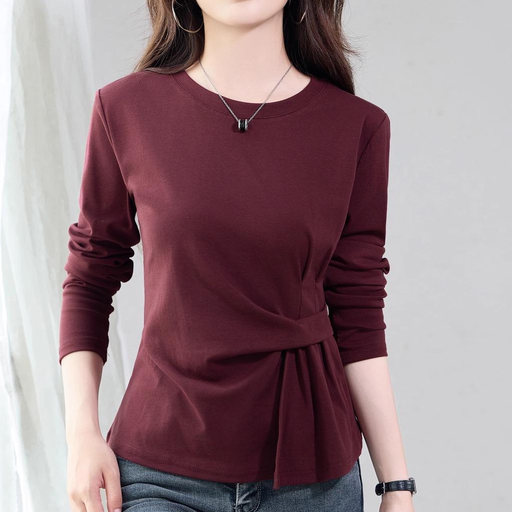 Chic Women's Long Sleeve Slimming Pure Cotton T-Shirt for Spring/Autumn