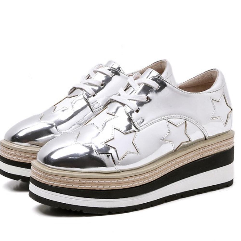 2026 Autumn Women Lace‑Up Wedge Platform Pumps, British Style Star Decor Striped Thick‑Sole Invisible Height‑Increase Waterproof Platform Casual Shoes