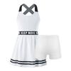 2-teiliges Sportkleid für Kinder, Mädchen, Träger, hinten überkreuzt, ärmellos, Buchstaben-Print, A-Linie, Kleid mit Shorts, Set für Fitnessstudio, Tennis