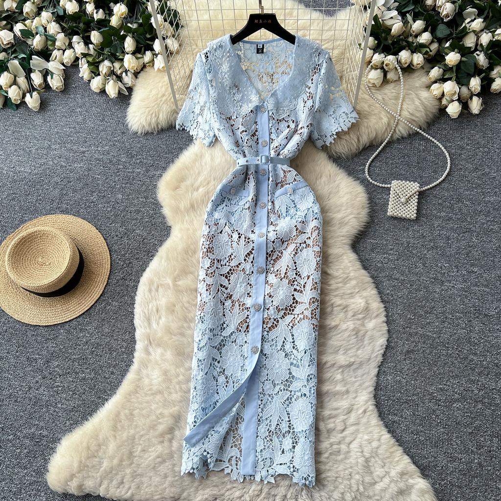 Celebrity V-neck Lace Dress Women's Summer High-end Single-breasted Waist Slim Dress Autumn Dress