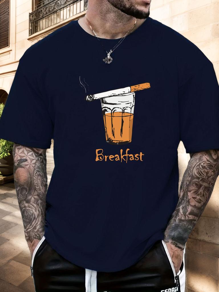 Mens Casual Tshirt Breakfast Cigarette Drink Print Short Sleeve Round Neck Breathable Oversized Edgy Daily Tee