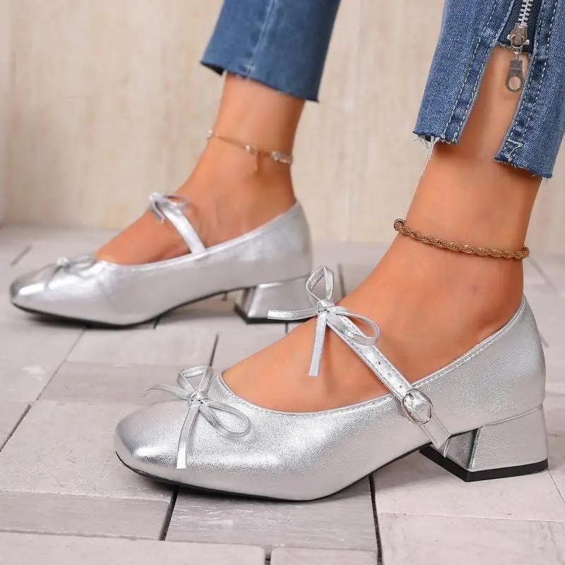 Retro Bowknot Decoration Red Mary Jane Shoes Women 2025 Summer Medium Heel Sandals Sweet Lacquer Leather Party Dress Shoes